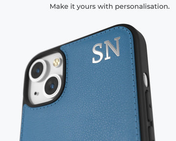 Personalised Navy Blue Pebble Leather Shadow Text iPhone Case